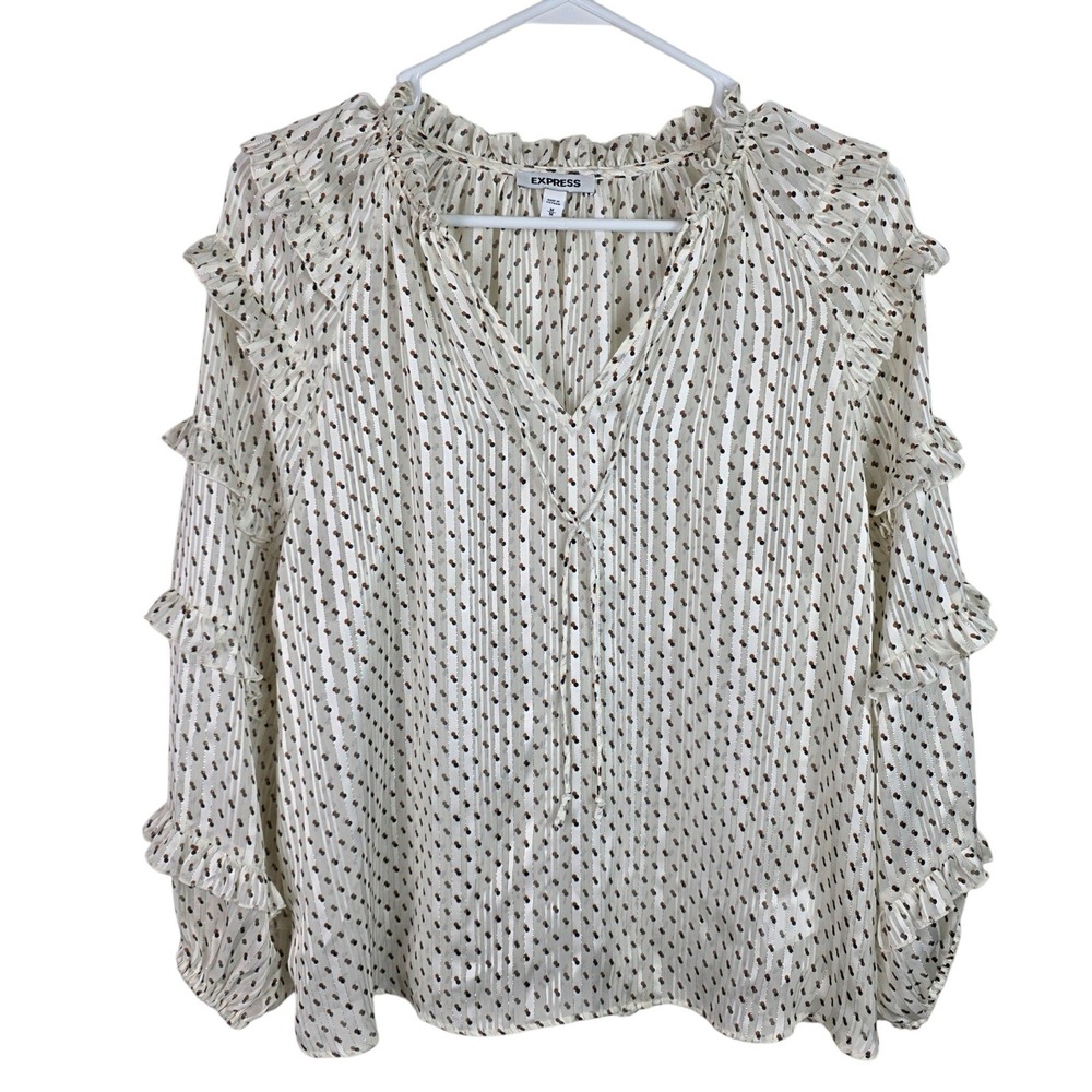 Express Ruffle Blouse Women Medium Cream Polka Dot Excellent Metallic Tiered